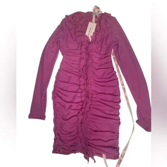 NWT Oh Polly Yara Hot Pink Long Sleeve Ruched Mini Bodycon Dress 6 - Picture 4 of 11